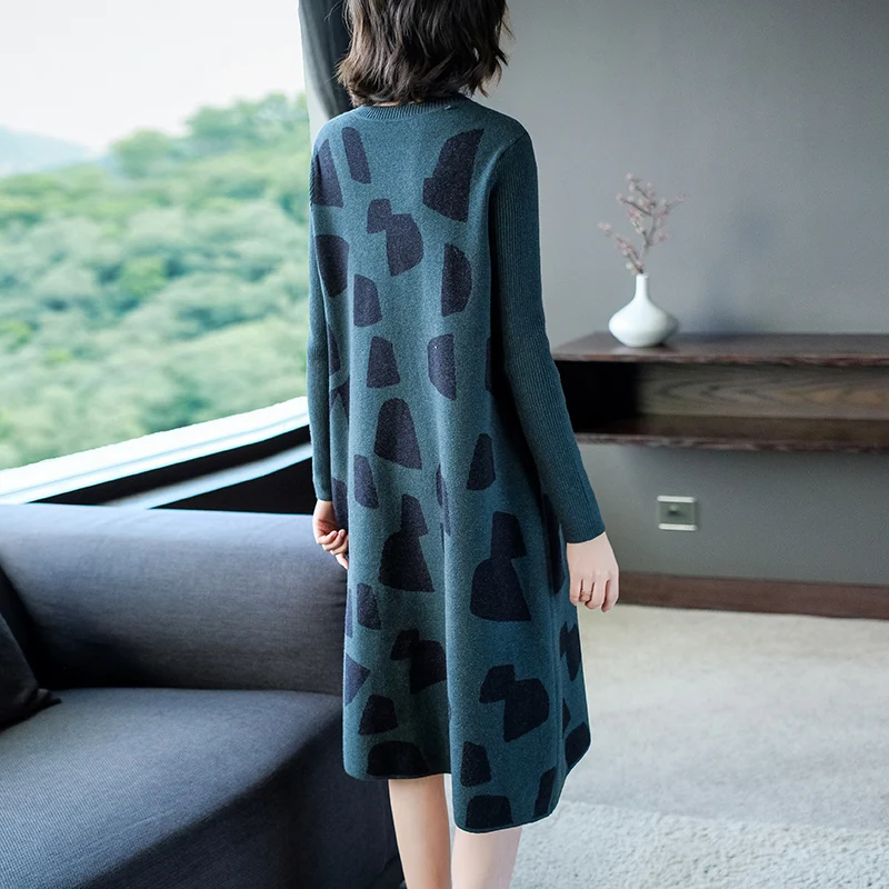 

XXL Knitted Dress 2020 Autumn Winter Casual Knitwear Women Geometric Patterns Knitting Long Sleeve Green Sweater Dress Female