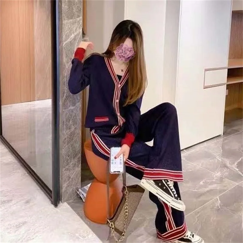 

2021 осенне-зимний новый вязаный костюм женский темпераментный Повседневный Кардиган в западном стиле широкие брюки костюм из двух предмето...