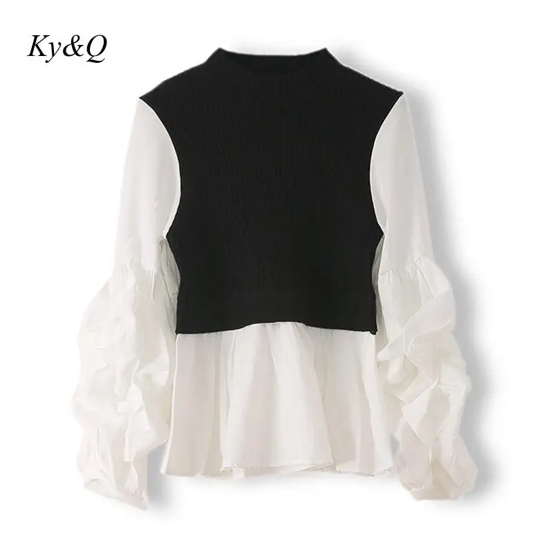 Женский вязаный свитер с оборками облегающий пуловер пышными рукавами и подолом