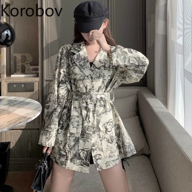 Korobov Vintage Print Pattern Women Blouse Korean Long Sleeve Autumn New Sashes Slim Shirt Turn-down Collar Blusas 78928 |