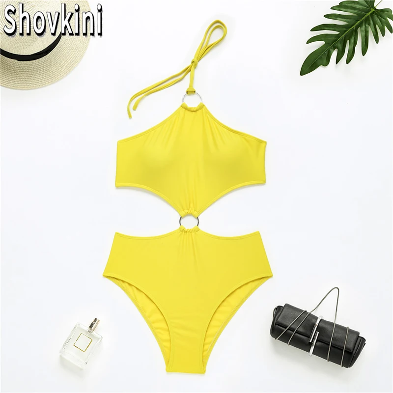 

New Sleeveless Solid Halter Swimsuit One Piece Swimsuit Women Sexy High Cut Backless Hollow Out Swimwear Leotard Women Bodysuit