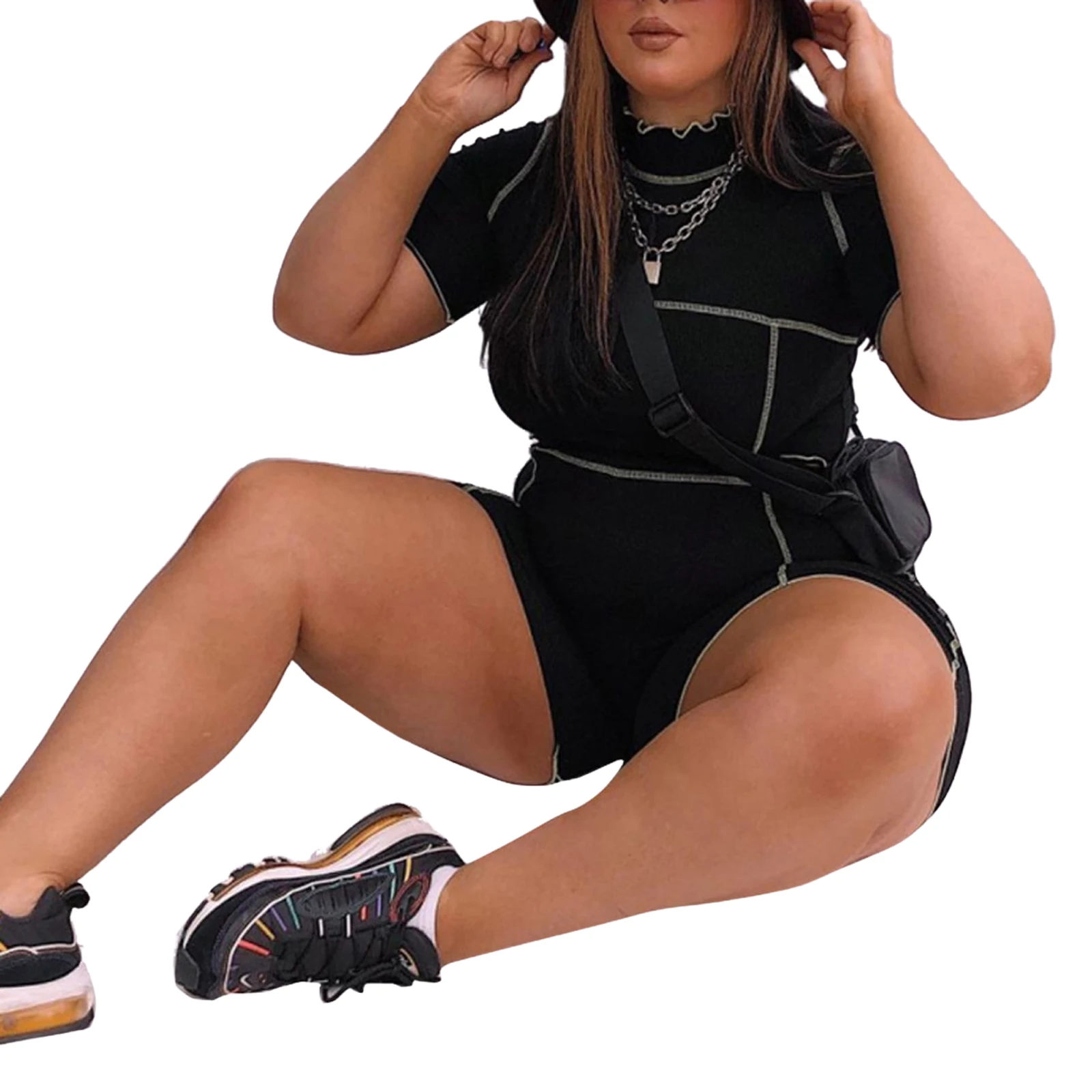 

Turtleneck Short Sleeves Shorts Sets Casual Style Plus Size Women Clothing Slim Black Two Piece Set L-4XL