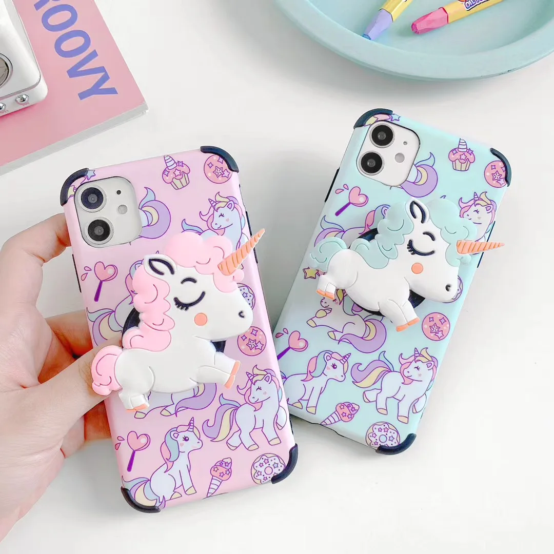

INS Cute rainbow pink unicorn stand holder silicone soft phone case for iphone 12 11 Pro X XS XR Max 7 8 plus cartoon cover