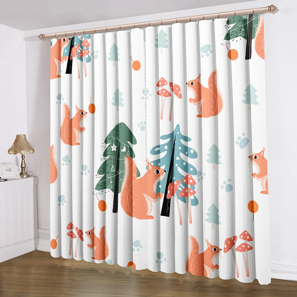 

Squirrel/Mushroom Window Curtains 2 Panels Christmas Tree Window Treatments 3D Print INS Wind Animals Window Drapes Decoration
