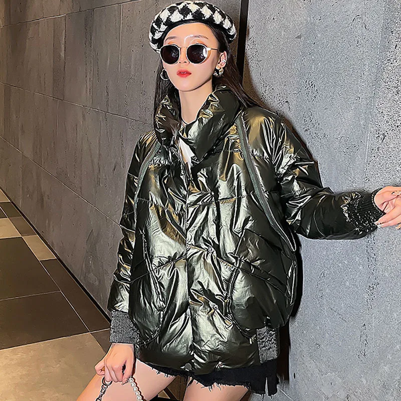

2021 Korean Women Stand Collar Loose Short Glossy Cotton-padded Jacket Casual Long Sleeve Winter Warm Parkas Female Outerwear