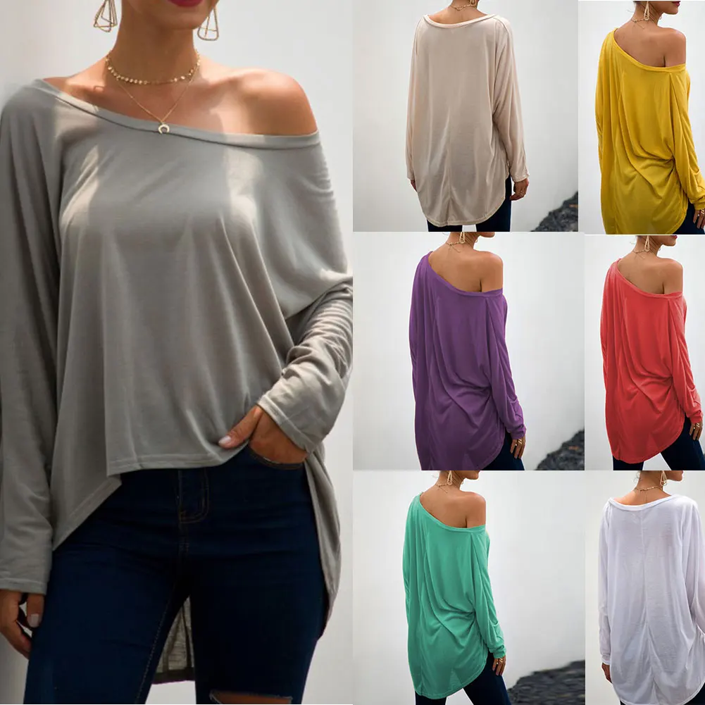 Популярные осенние женские футболки с открытыми плечами Женские однотонные