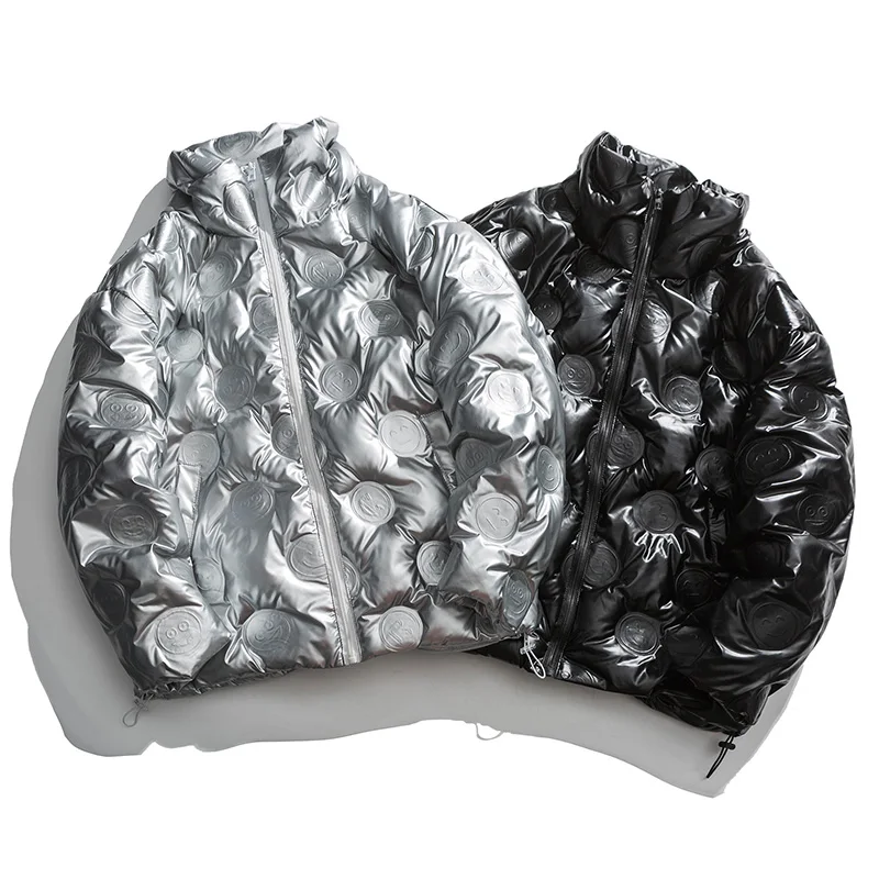 Aolamegs Parkas Jacket Men Solid Funny Embossing Zipper Silver Coats Winter Baggy Warm Hip Hop Hipster Cool Thick Outwear Couple