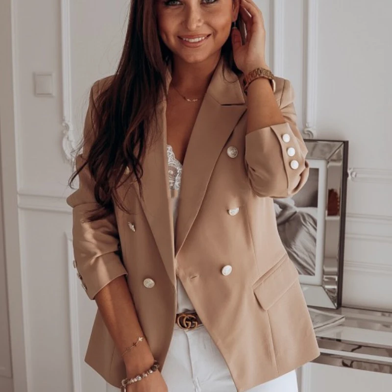 

Blouse Fashion Office Elegant Women's Pure Color Jacket Autumn 2021 Suit Long-sleeved Suit Collar Double-breasted Female Suit