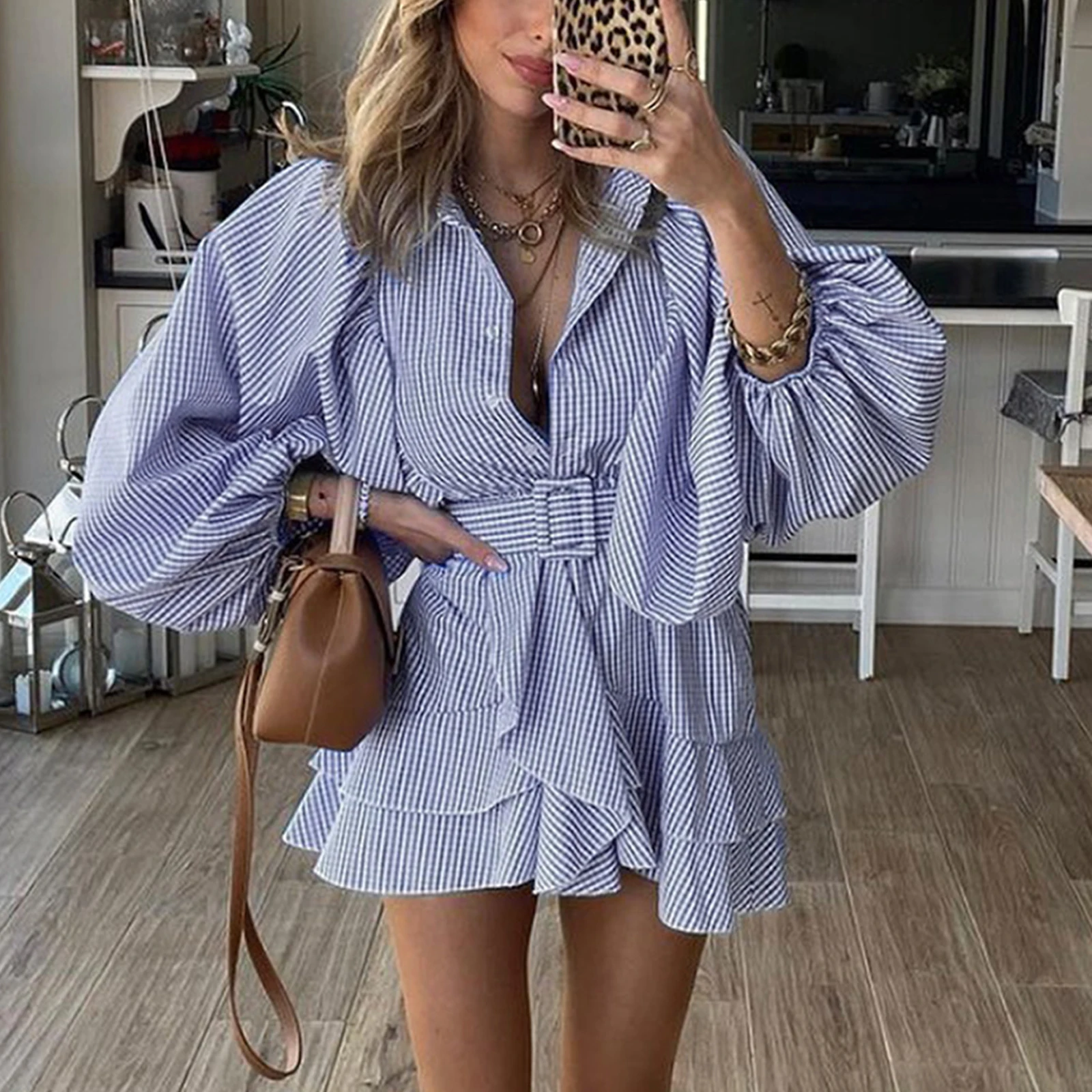 

2021 Women Elegant Fashion Striped Ruffle Dress, Adults Button Down Puff Sleeve Lapel with Belt ,Blue,S/M/L