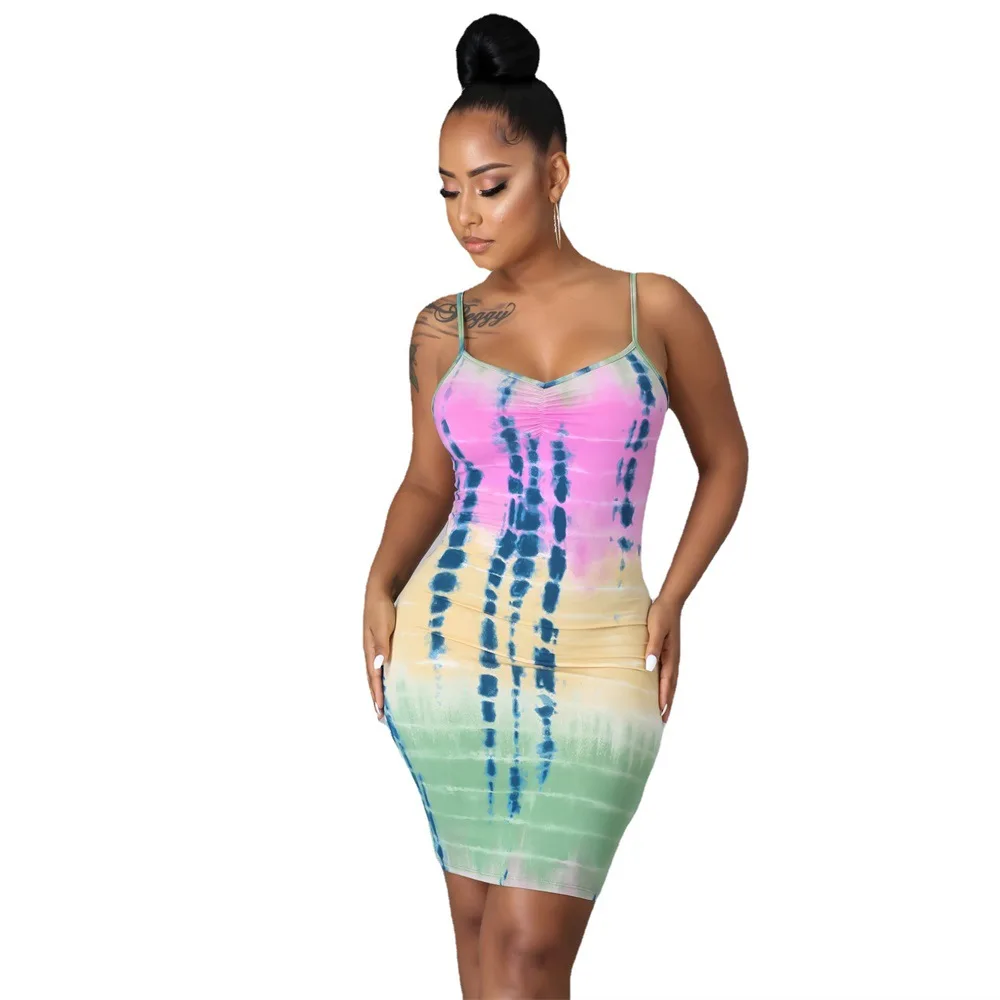 

Women Mini Dress Print Sleeveless Strap V-neck Stretchy Bodycon Dresses Sexy Fashion Streetwear Summer Outfits