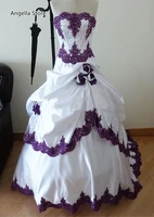 vintage white and purple ball gown wedding dresses strapless back corset ruched gothic bridal gowns with handmade flowers beaded