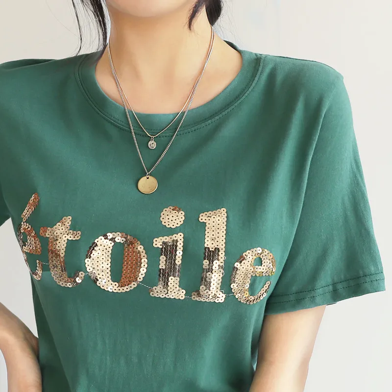 

Black Summer T Shirt Women Tops White Tshirt Women Korean Clothes Short Sleeve Casual Golden Sequins Letter Tee Shirt Femme