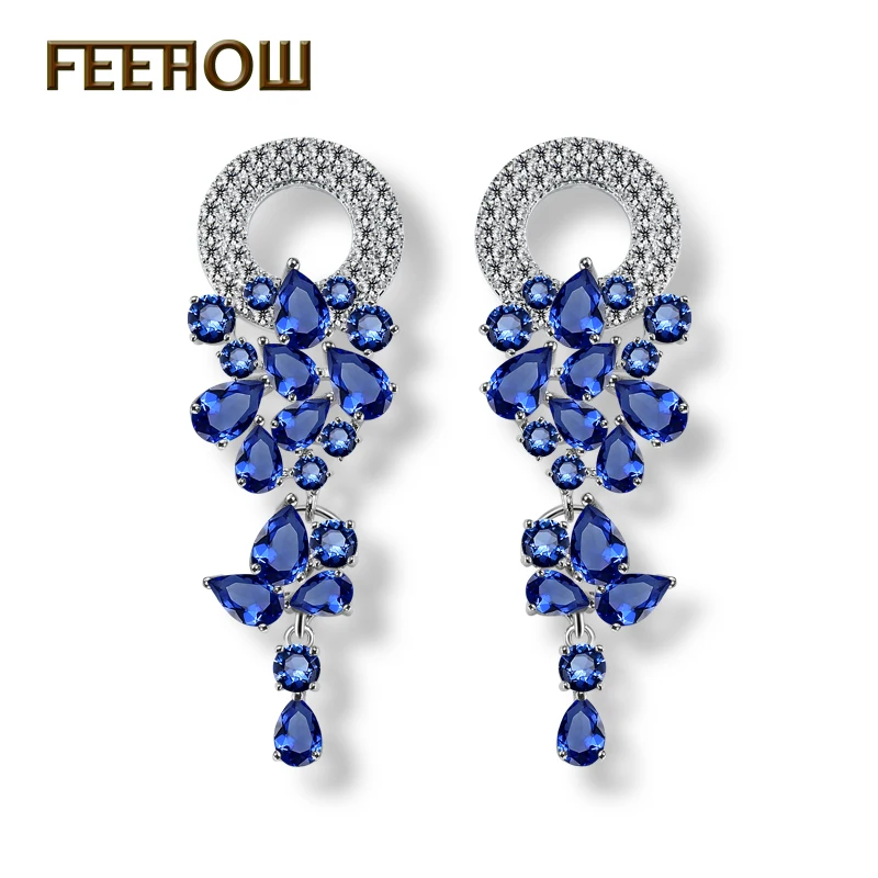 Женские длинные висячие серьги FEEHOW белые капли с зеленым листом свадебные FWEP154|long