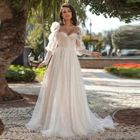 fivsole glitter long princess sweetheart a line wedding dress puff sleeves bridal gowns bling vestidos de novia robe de mari%c3%a9e