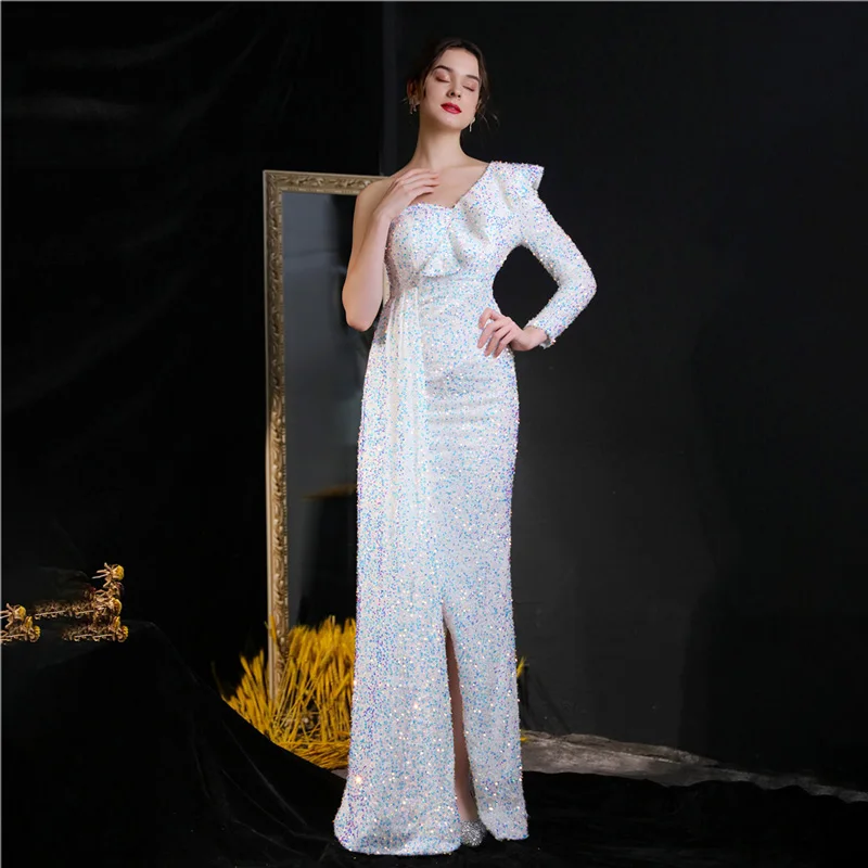 2021 Luxury Sequined Night Evening Dress One-shoulder Long-Sleeve Mermaid Long Dresses Plus Size Formal Wedding Prom Party Gowns