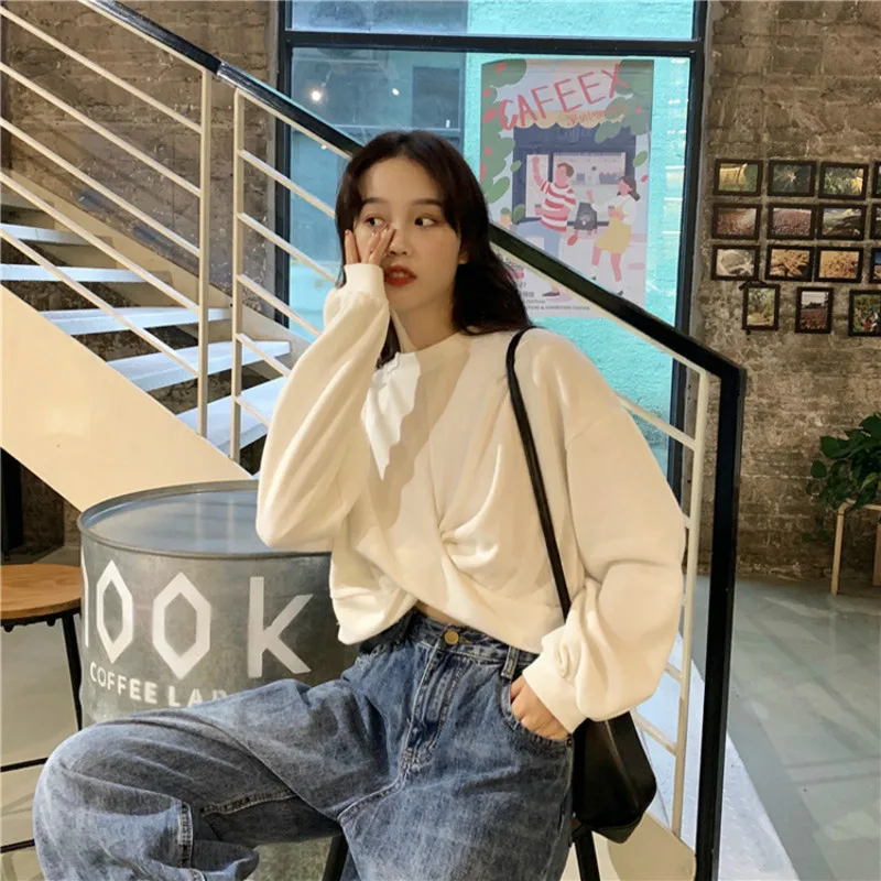 

No Hat Hoodies Women Fashion Criss-Cross All-Match Ins Korean Style Womens Elegant Chic Streetwear Solid Short Hoodie Loose New