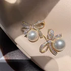 S925 иглы для женщин ювелирные изделия серьга с искусственным жемчугом 2021 нового дизайна с украшением в виде кристаллов серьги в форме банта для девочек прекрасные аксессуары