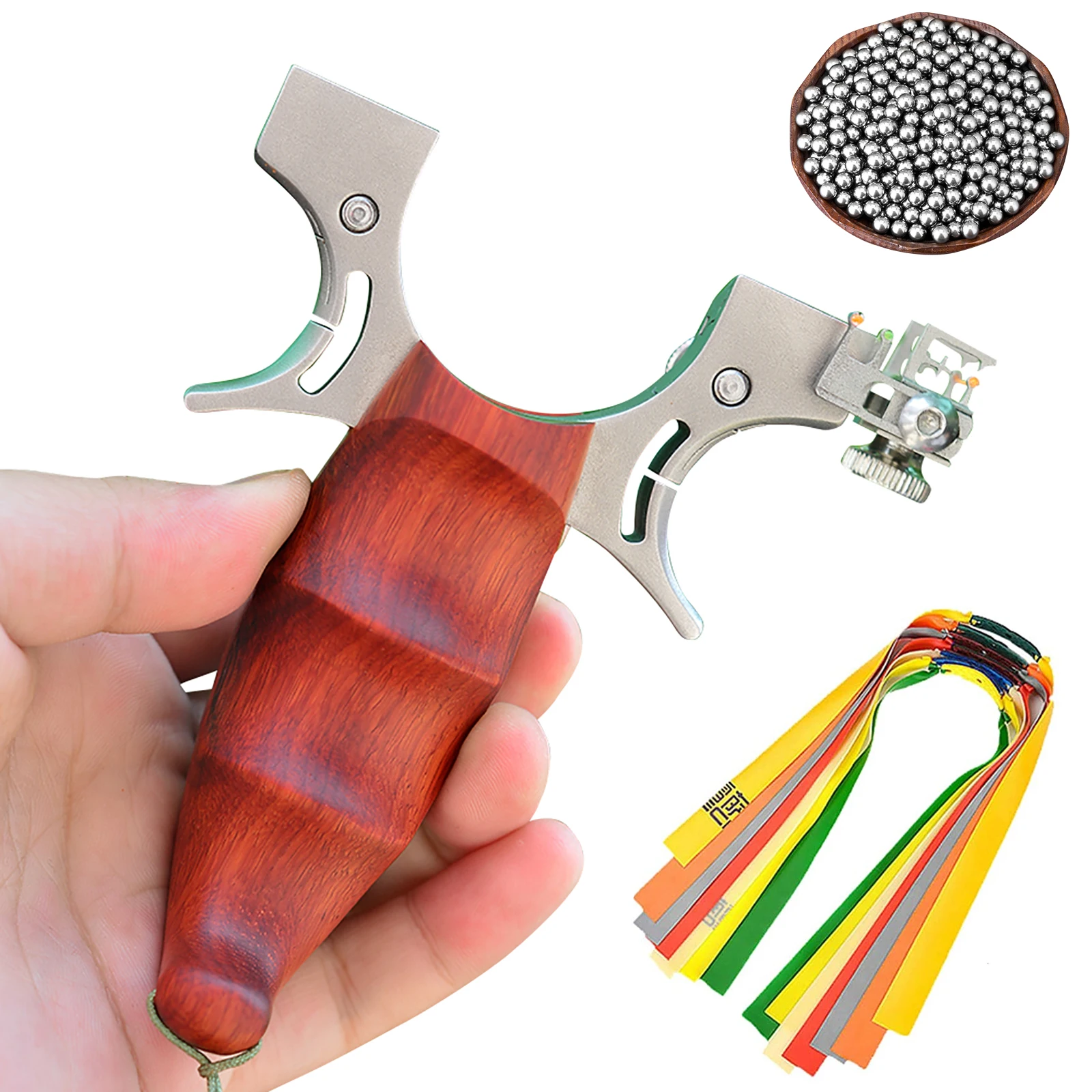 

Catapult Slingshot Hunting Fishing with 7Pcs Rubber Band 100pcs Ammo Powerful Wood Stainless Steel Sling Shot for Shooting
