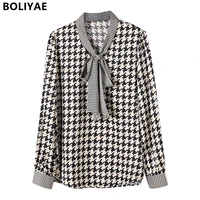 spring and autumn new womens clothing fashion houndstooth blouse high quality satin long sleeve shirt casual professional tops