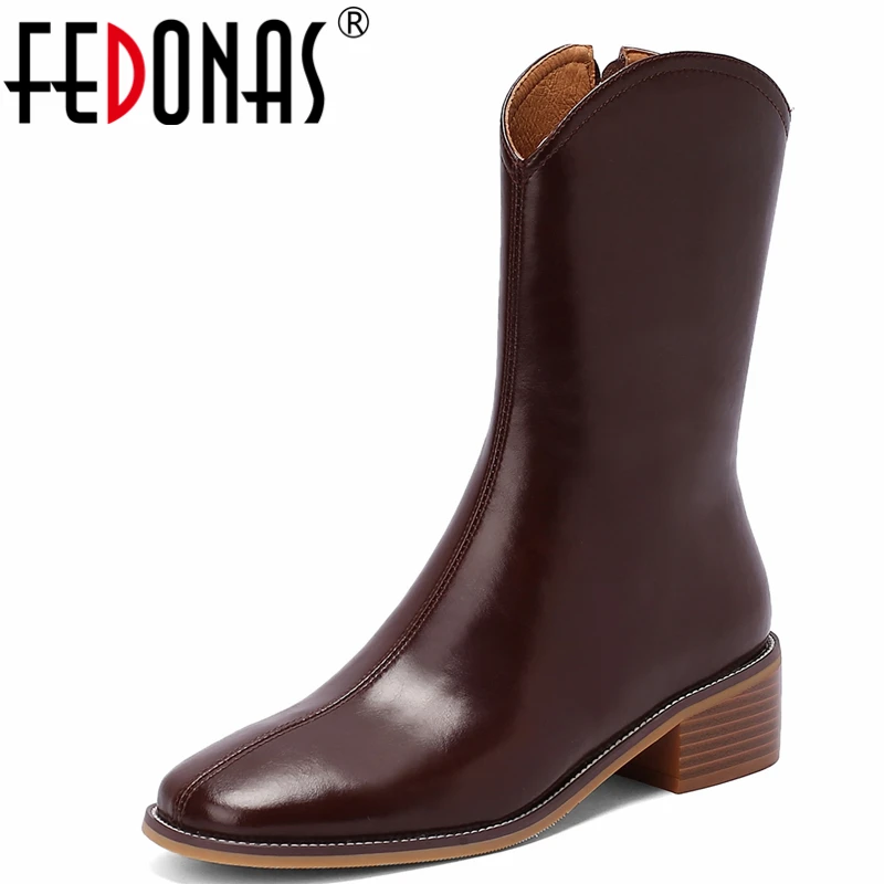 

FEDONAS Concise Genuine Leather Women Ankle Boots Fashion Working Casual Round Toe Thick Heels Side Zipper Shoes Woman 2021 New