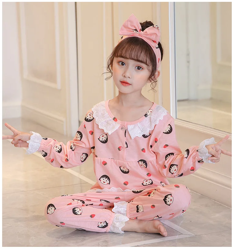 

2pcs Kids Pajamas Sets Cotton Girls Lace Floral Sleepwear Suit Autumn Girls Long Sleeves Pijamas Tops &Pants Children Homewear