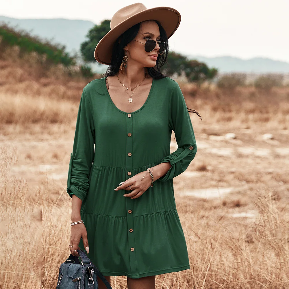 

Knitted dress 2021 spring and summer round neck long-sleeved skirt casual holiday style