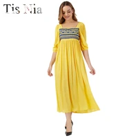 spring and summer sundress womens yellow beach skirt strapless tube top sexy strapless puff sleeve bohemian cotton dress