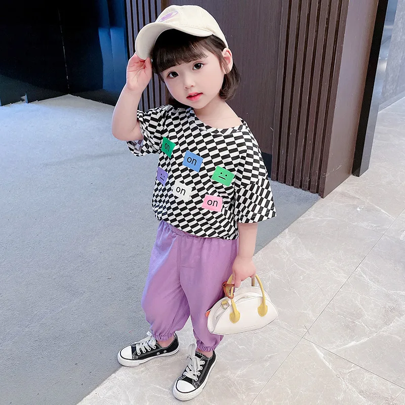 

Summer female printed t-shirts with short sleeves children sports pants suit of the girls