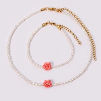 kbjw romantic small rice shape pearl jewelry real 2 5 3mm freshwater pearl light pink rose flower charm necklace bracelet set