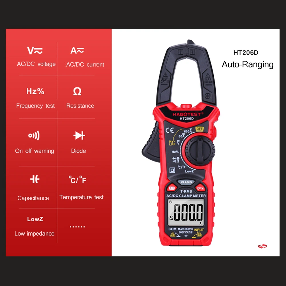HABOTEST HT206A/HT206B/HT206D AC/DC Цифровой клещи для измерения напряжения переменного/постоянного тока, переменного/постоянного тока, NCV зажим мультиметр