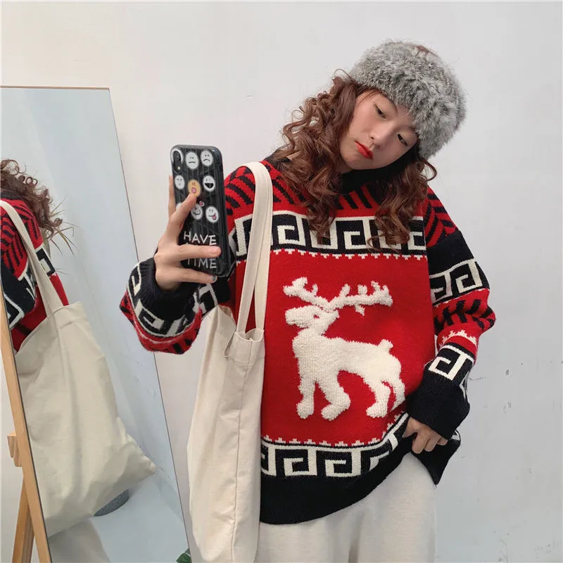 

Korea Loose White Tops Female Red Loose Amimals Autumn Christmas Students Sweety SweatshirtSweater Girls Streetwear Sweater