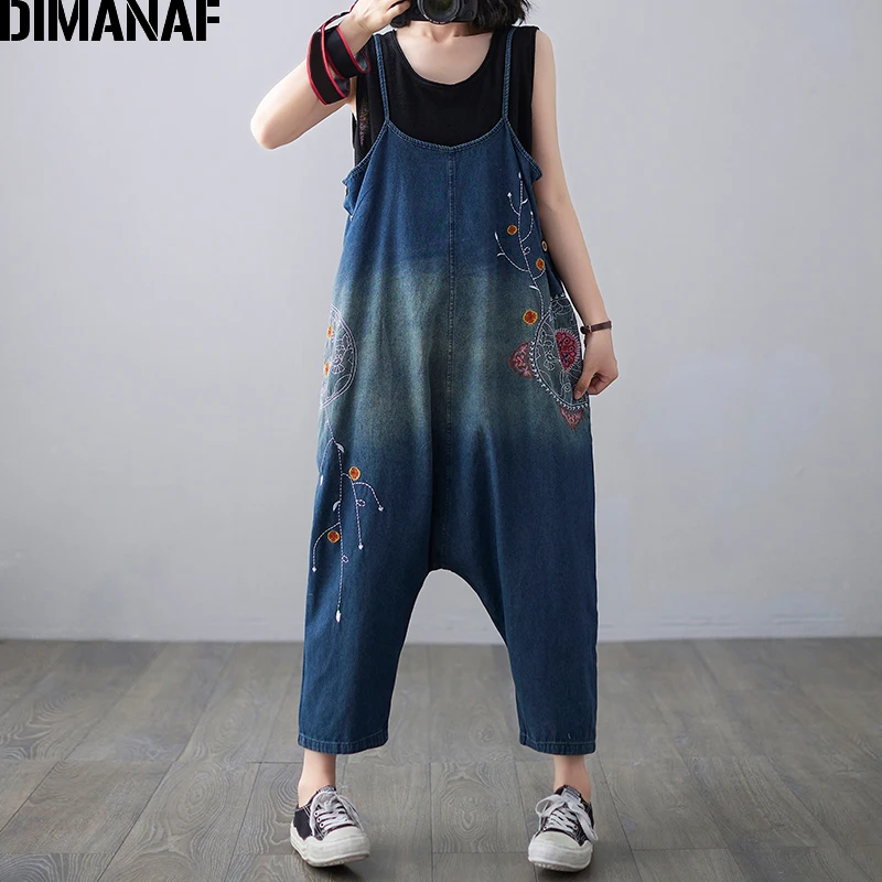 

Женский джинсовый комбинезон DIMANAF, Свободный Повседневный Комбинезон из денима с цветочной вышивкой, брюки большого размера, для лета, 2021