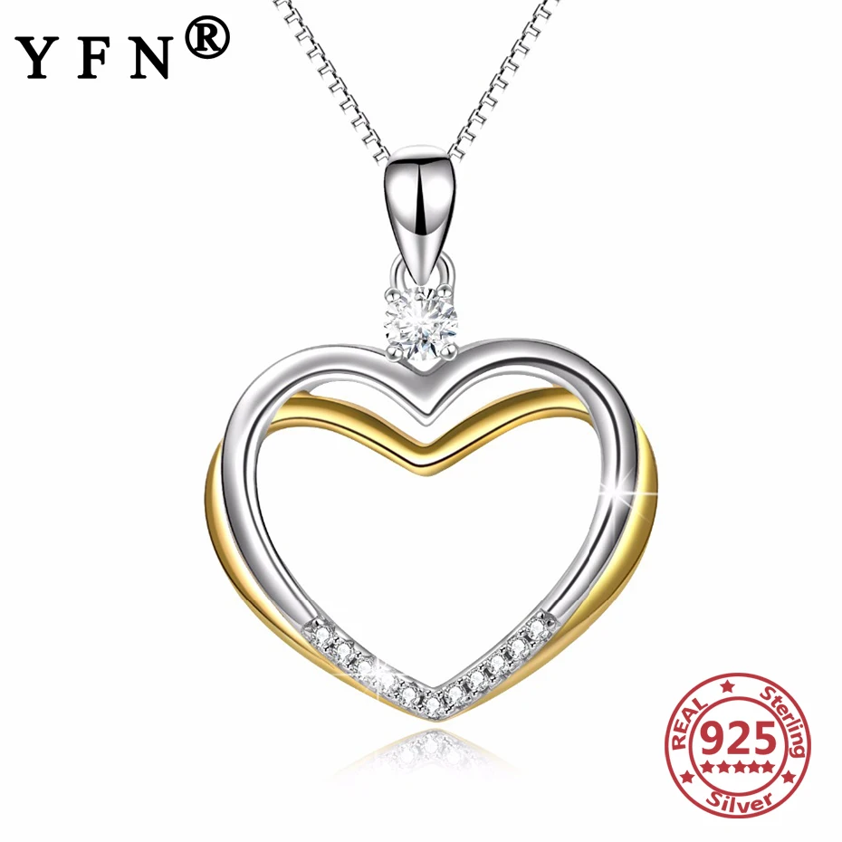 

YFN 925 пробы Серебряное ожерелье двойное сердце любовь циркон кулон ожерелье Серебряная цепочка для женщин 925 подарок для мам подарок на день ...