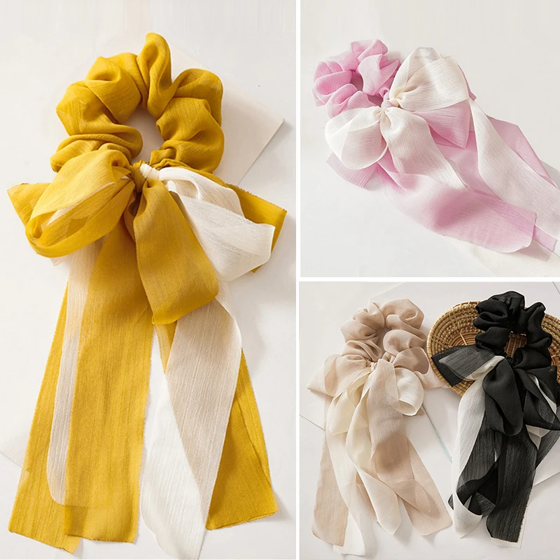 

Bowknot Hair Scrunchie Soft Organza Streamers Ponytail Elastic Hair Ties Hair Rope Women Ribbon Girls Sweet Hair Accessories