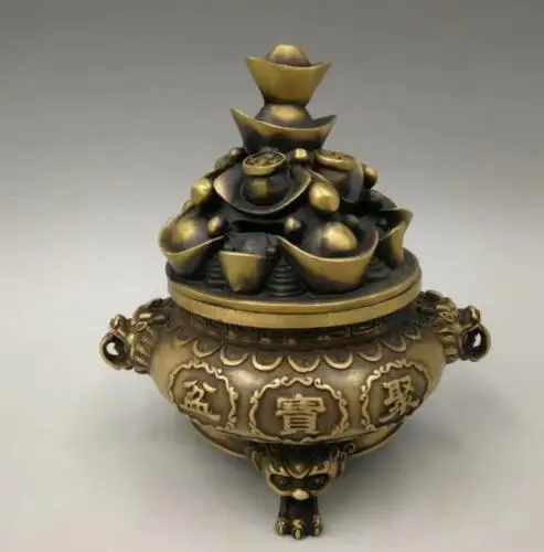 

China pure brass yuanbao coin dragon head incense burner