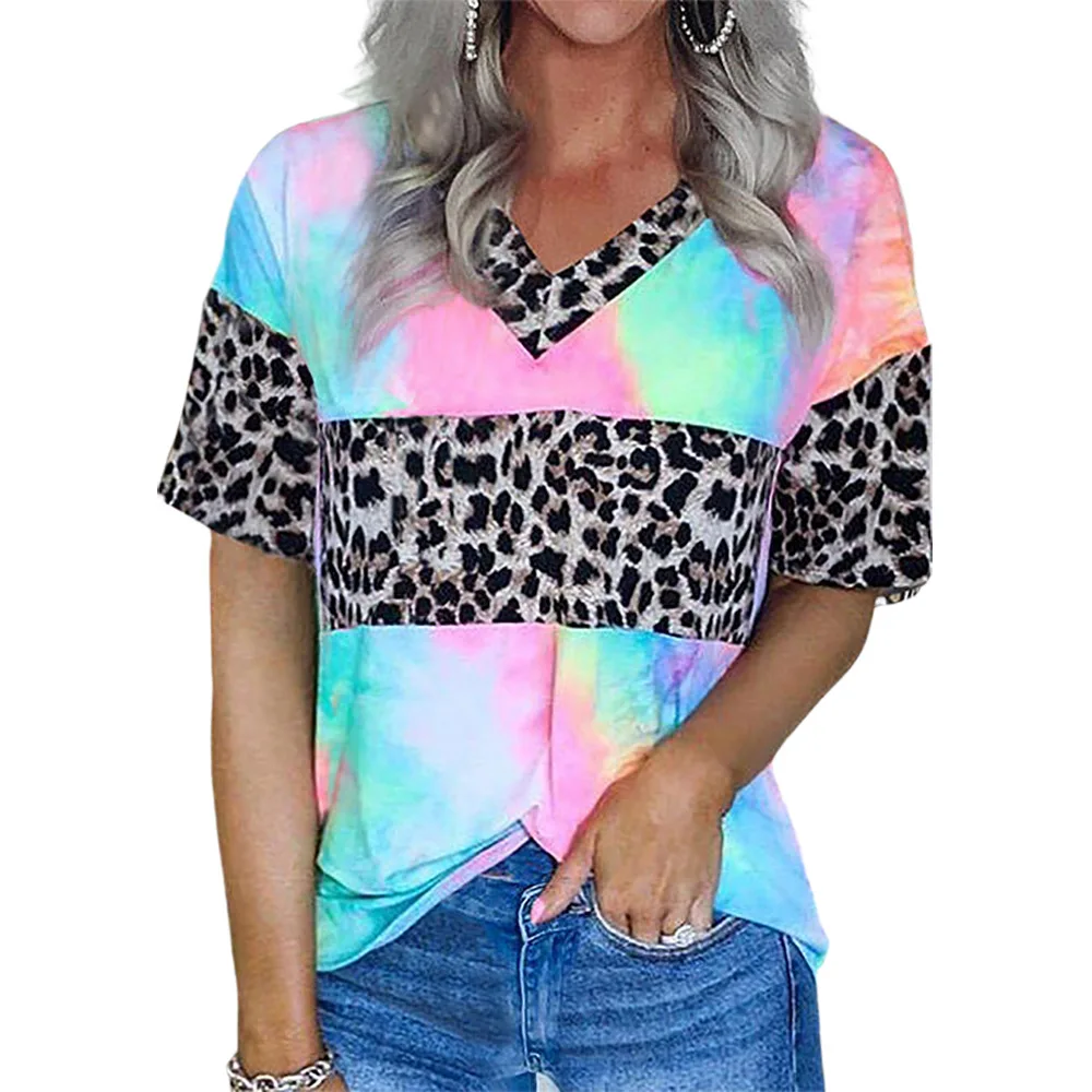 

New tie dye print rainbow gradient leopard print short sleeve T-shirt