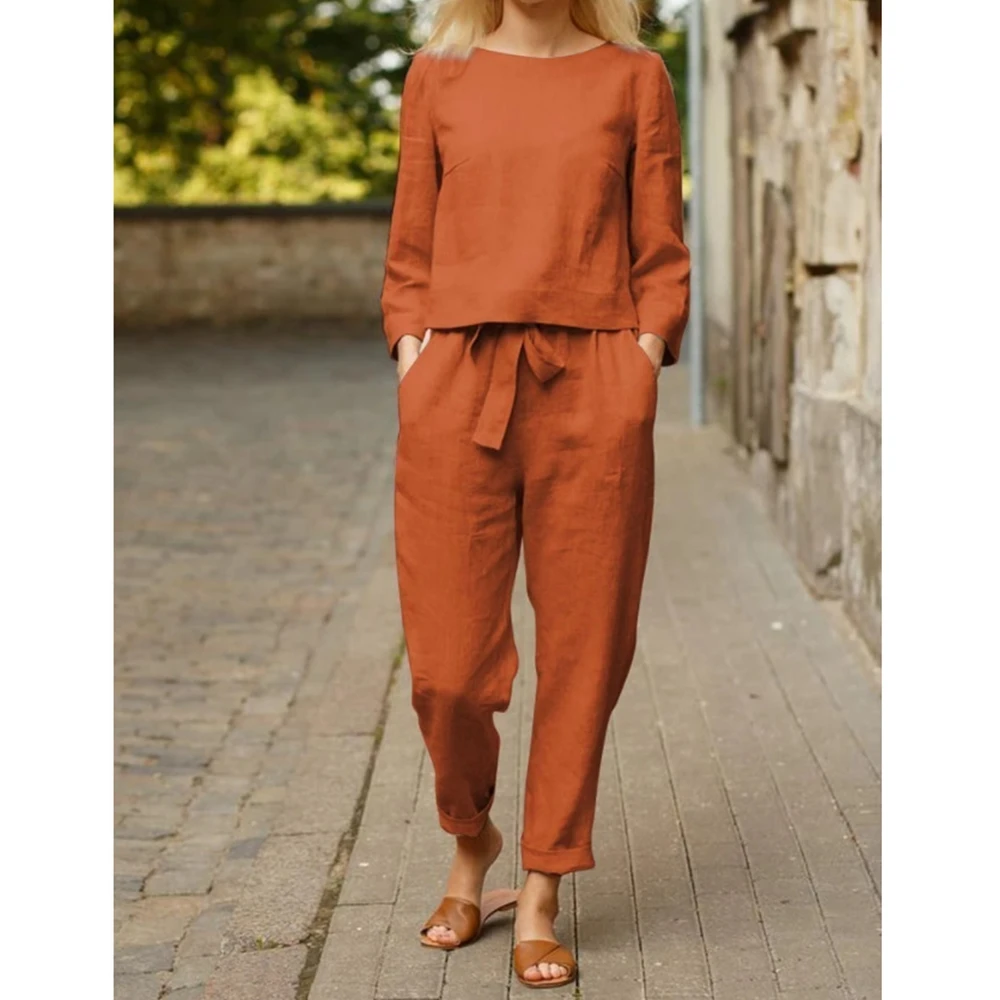 

Lugentolo Autumn Two Piece Set Women Plus Size Solid Color Linen Top and Pants Suit Sashes Pullover O-Neck