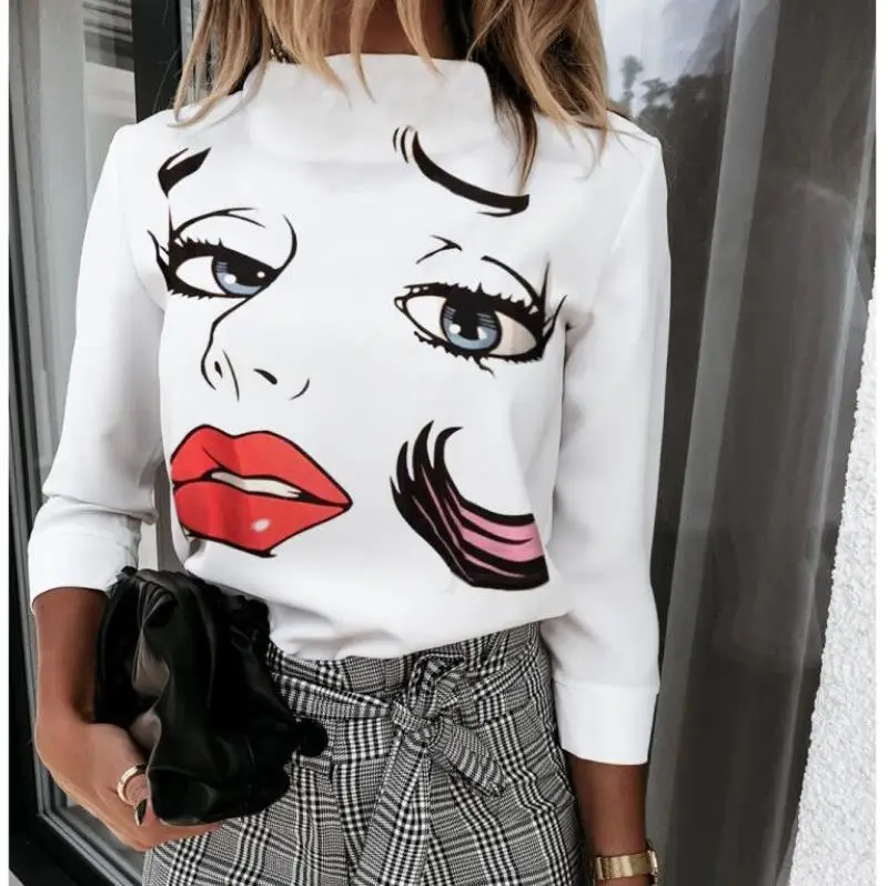 Женская новая блузка с принтом губ рубашки 2020 элегантный женский пуловер круглым