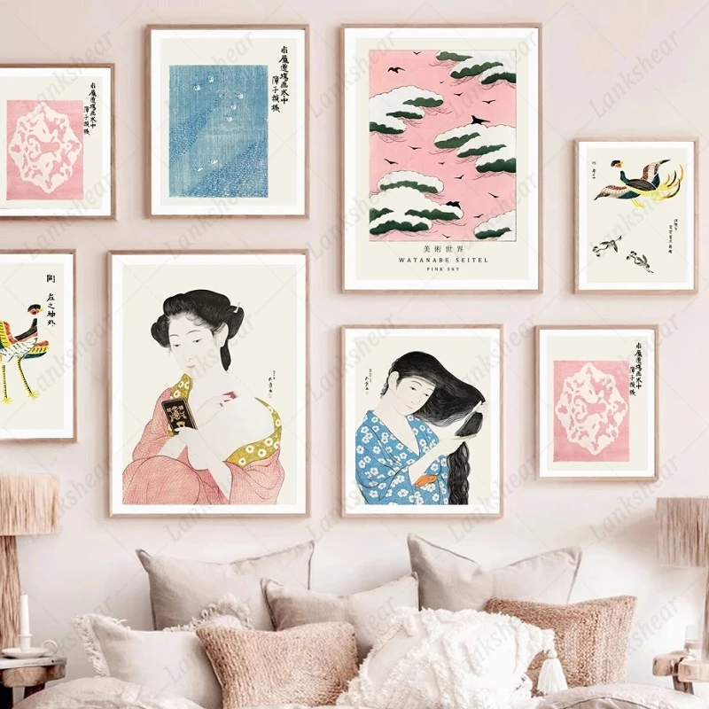 

Japanese Decor Canvas Painting Crane Color Block Woman Watanabe Wall Art Nordic Posters and Prints Modular Pictures for Interior