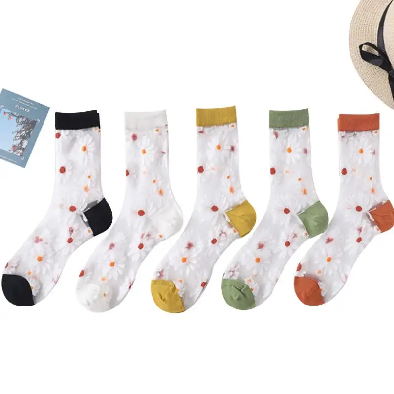 5 Pairs Girls Heart Daisy White Cotton Thin Glass Ankle Socks Fashion Summer Crew Sock Women Transparent Crystal Ankle Socks