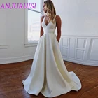 Женское атласное свадебное платье ANJURUISI, белое ТРАПЕЦИЕВИДНОЕ ПЛАТЬЕ БЕЗ СПИНКИ С v-образным вырезом и карманами, 2020