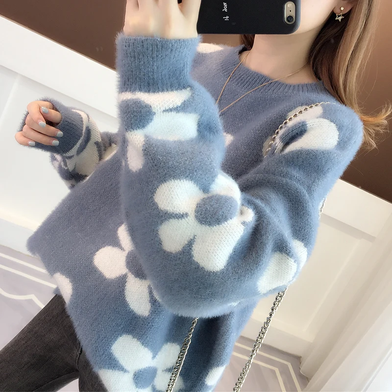 Sweater female loose 2019 new autumn and winter dress round neck pullover lazy wind knit bottoming shirt casual home | Женская одежда