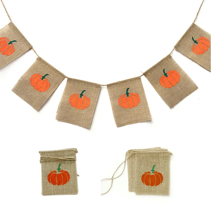 

2M 6 Flags Thanksgiving Day Happy Fall Halloween Harvest Pumpkin Burlap Banner Garland Bunting Home Party Decoration