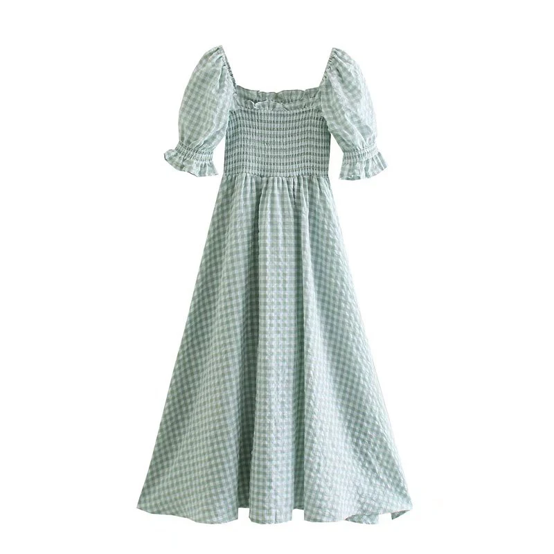

Женское винтажное платье в клетку, зеленое Элегантное повседневное платье миди с квадратным вырезом и пышными рукавами для отдыха, лето 2022