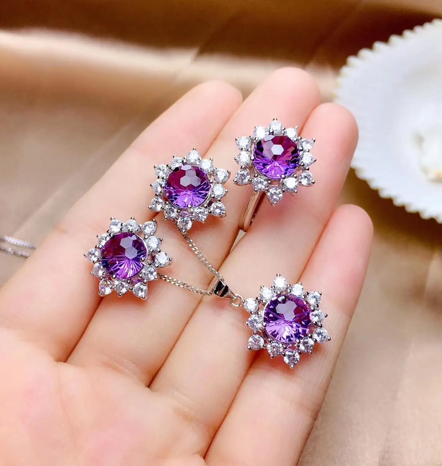 

new purple amethyst ring stud earrings and necklace for women jewelry set fine jewelry round gem fashion ornament birthday gift