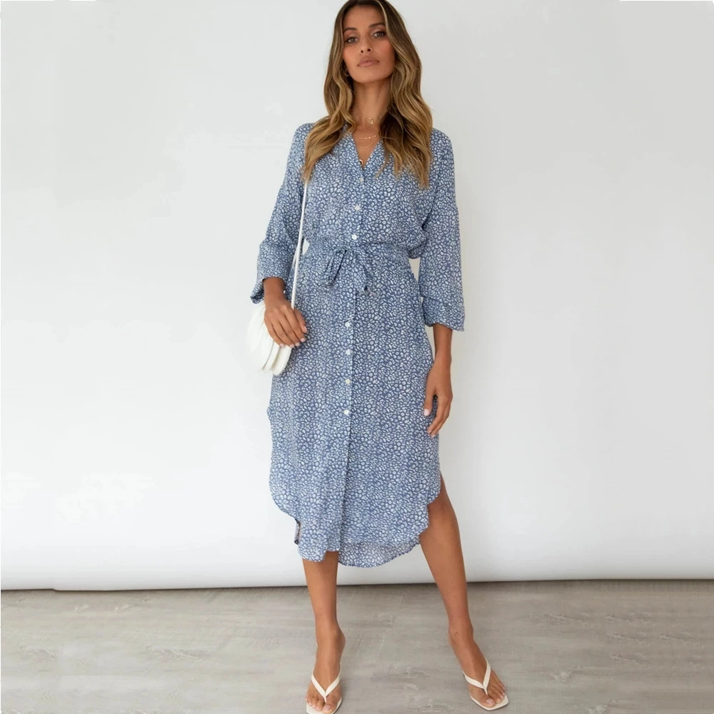 Женское платье с леопардовым принтом Повседневное длинным рукавом разрезом в