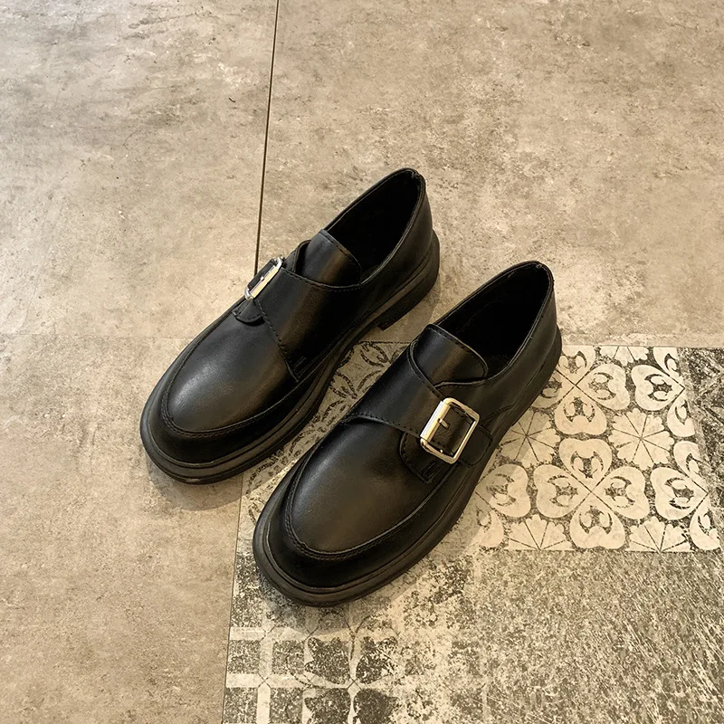 

Autumn Spring New Casual Shoes Woman Solid Leather Shoes Metal Belt Buckle Square Slip on oxford shoes British Women's Shoes