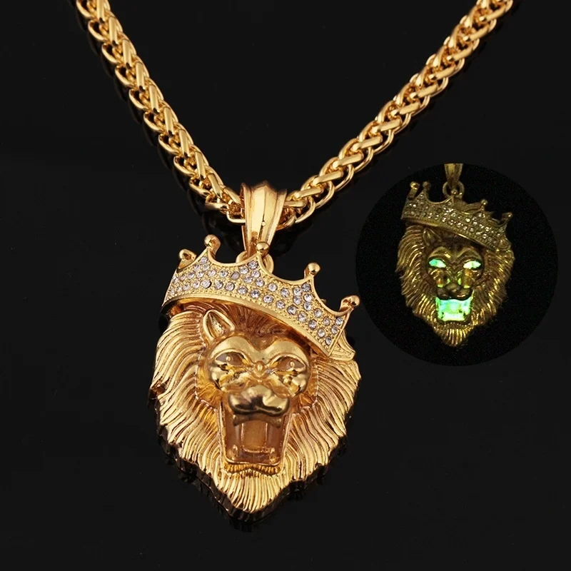 

Crown Lion Head Men's Necklace Fashion Hip Hop Luminous Necklace Inlaid Hao Stone Metal Punk Party Pendant Necklace