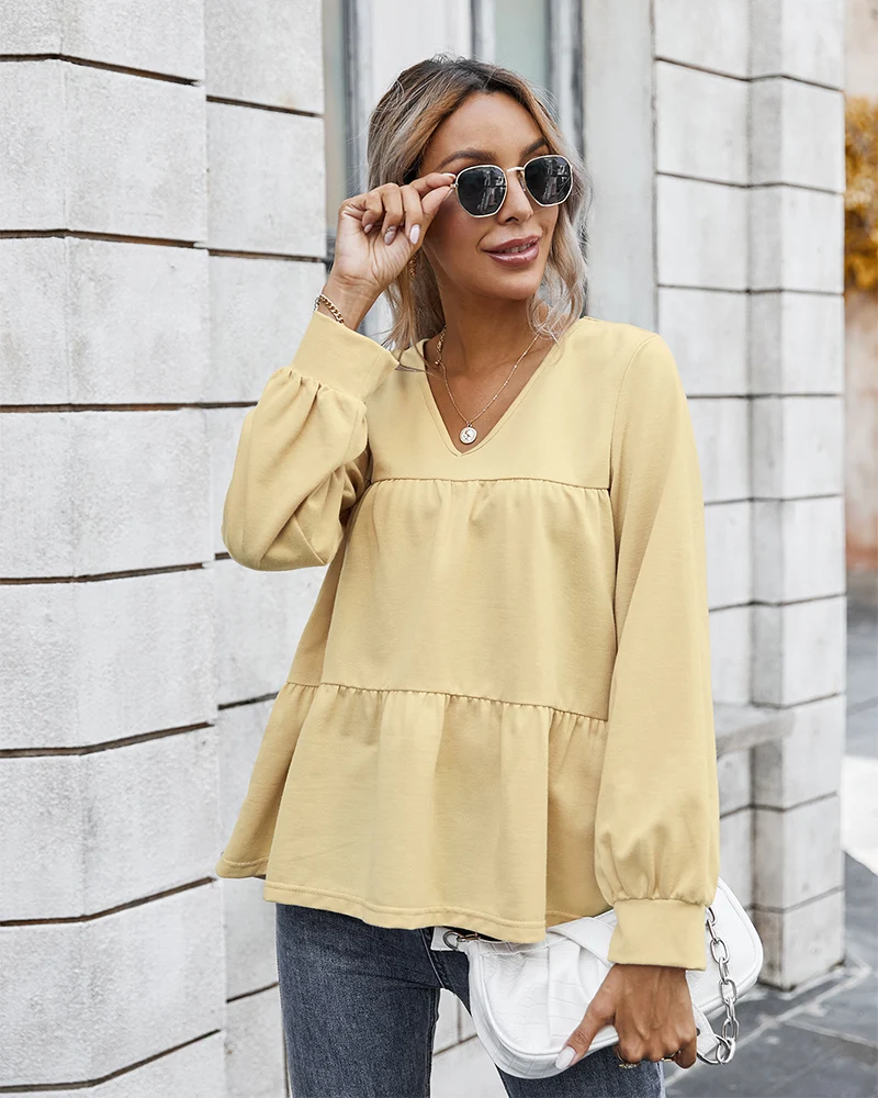 

New 2020 Autumn Spring Fashion Loose T-Shirts V Neck Long Sleeve Woman Streetwear Tops Casual Basic Elegant Tops