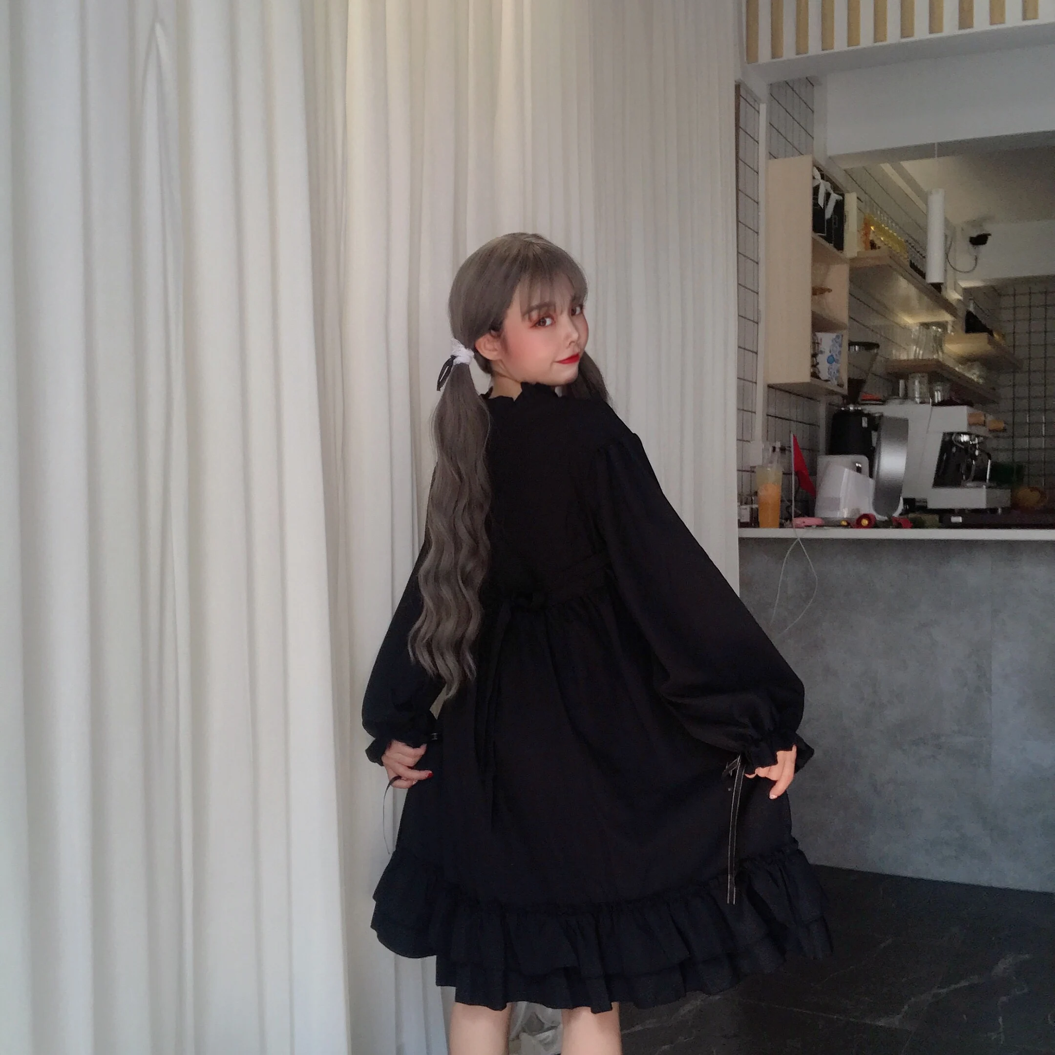 Harajuku готическое Черное женское платье лолиты с кнопки в форме звезд осеннее японское кружевное платье с длинными рукавами и оборками для девочек-подростков